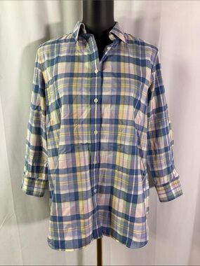 Chaps Blue Multicolor Pastel Plaid 3/4 Sleeve Cotton Button Down Shirt